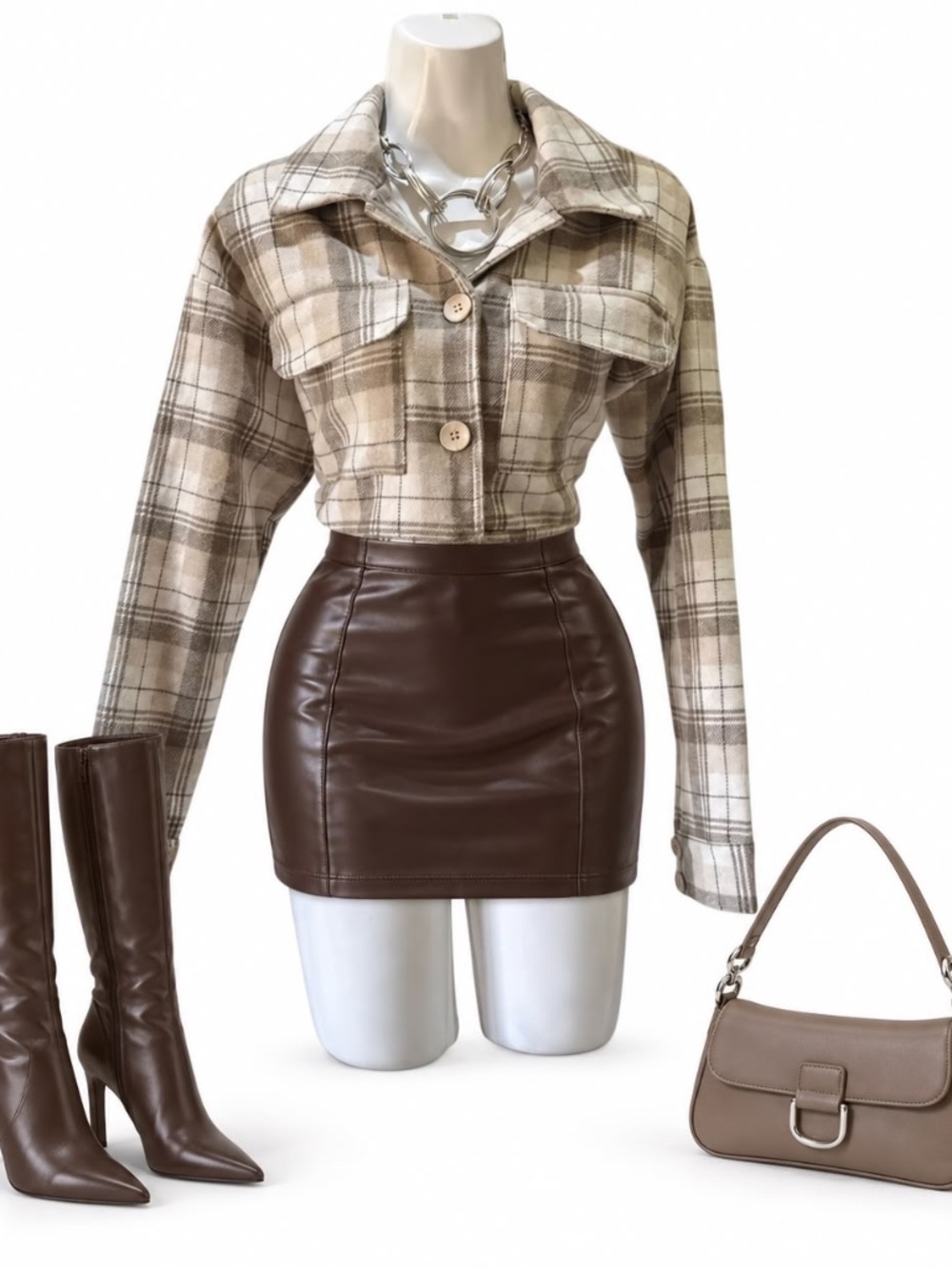 Princess Polly Beige Brown Plaid Cropped Jacket Small